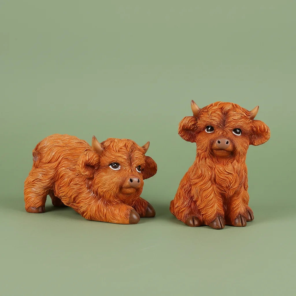 2pcs Highland Cow Figurines Realistic Resin Farm Animal Statues Rustic Home Decor for Garden Patio Kitchen Countertop Set