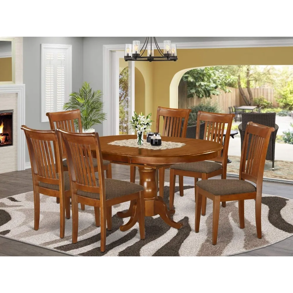 PORT7-SBR-C 7 Piece Dining Table Set Consist of an Oval Dining Room Table with Butterfly Leaf and 6 Linen