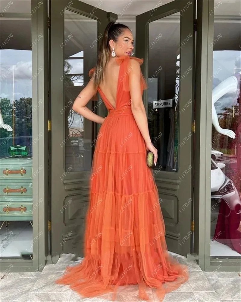 LIYYLHQ Orange Prom Dress Sexy V-Neck Tiered Open Back Long Women  Evening Cocktail Floor-Length Party Gown Customized