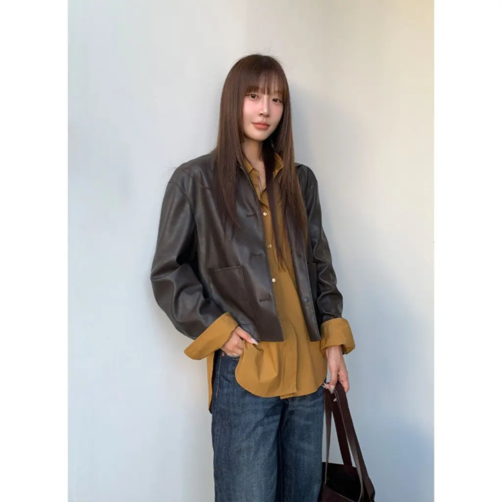 Klasyczna kurtka skórzana damska z luźnym kołnierzem, uniwersalna odzież wierzchnia w stylu koreańskim, nowość na jesień, odpowiednia na różne okazje.
