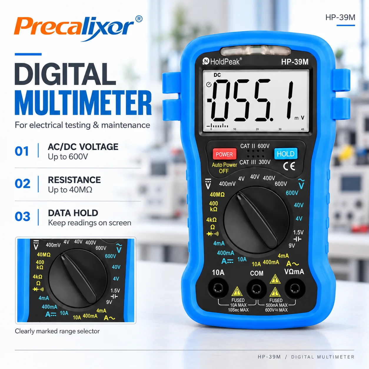 Digital Multimeter True RMS 4000 Counts Manual Ranging Backlit LCD Buzzer 600V CAT II Handheld Volt Ohm Tester Home Workshop