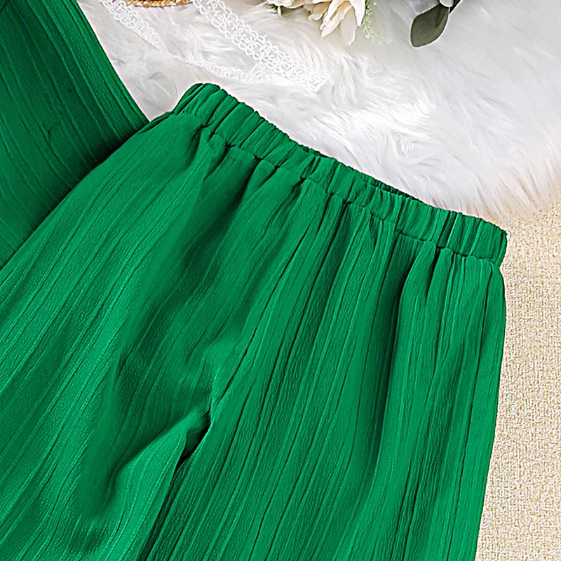 Girls Sets 8-12 Years Green Long-Sleeved Top + Green Pants For Girls Korean Style Suits Summer Casual Clothes Sets