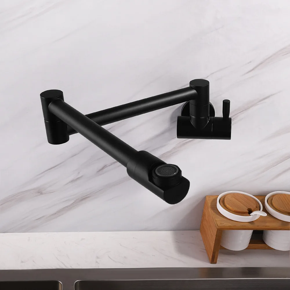 All Copper Wall Folding Kitchen Faucet 360° Rotation Single Cold Black Brushed  Pot Filler Faucet Swing Arm Single Hole