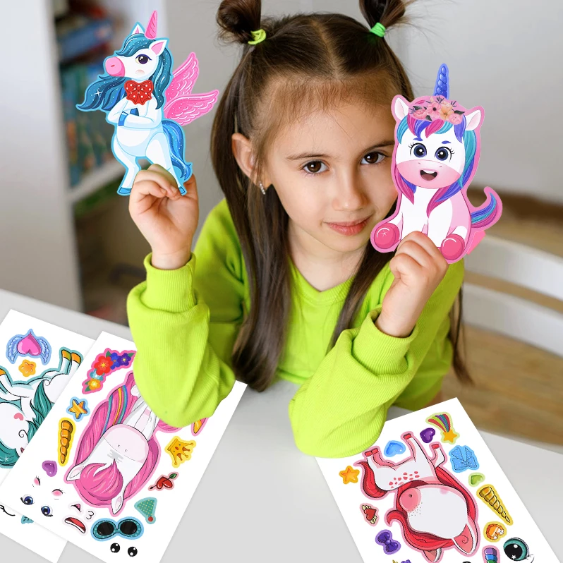 6Sheets Cartoon Unicorn Puzzle Stickers Funny DIY Assemble Pony Face Stickers Kids Girls Favors Jigsaw Toys Game Birthday Gifts