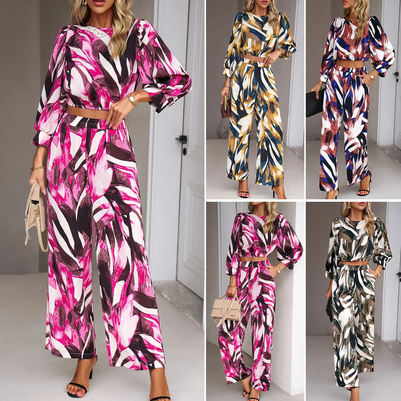 High Quality Hot Selling 2024 Fashion Casual Printed Long Sleeved Top and Elegant Wide Leg Pants Two-piece Set Harem Pants Y2k