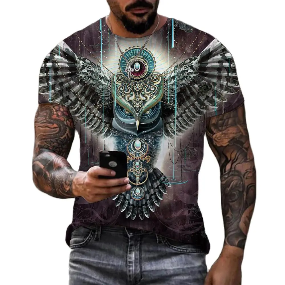 Men's T-shirt With Owl Pattern 3D Printed Harajuku Street Clothing Top With Round Neck Loose Fitting Fashionable Short Sleeves