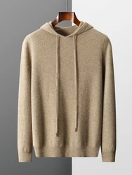 Suéter de Cachemira con capucha para hombre, cárdigan de lana merina, prendas de punto de Color sólido, ropa informal suave de moda, nuevo Top, otoño e invierno, 100%
