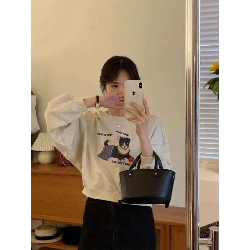 American retro gray puppy round neck sweatshirt for women autumn and winter plus velvet loose shoulder crop top women clothing