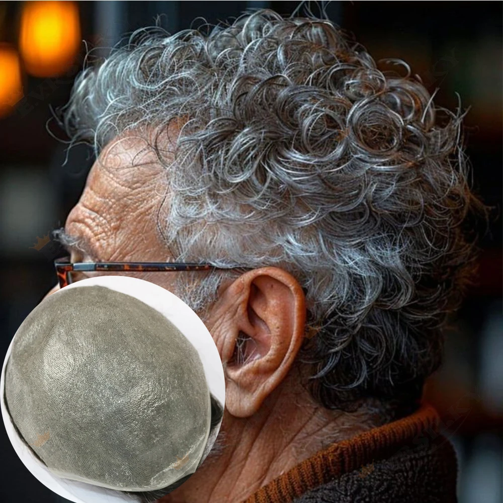 

26mm Loose Curly‌ 0.02mm 80%Density Brown Blonde Full Wigs Super Thin Skin Natural Hairline Men Toupee Grey Human Hair Prosthes