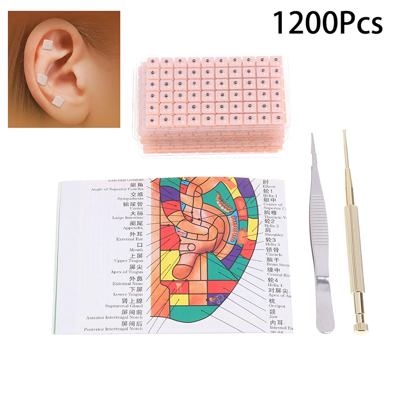 4 In 1 Set Multi-Condition Ear Seeds Acupuncture Auricular Sticker Kit 1200pcs With Acupressure Chart Tweezer Auricular Probe