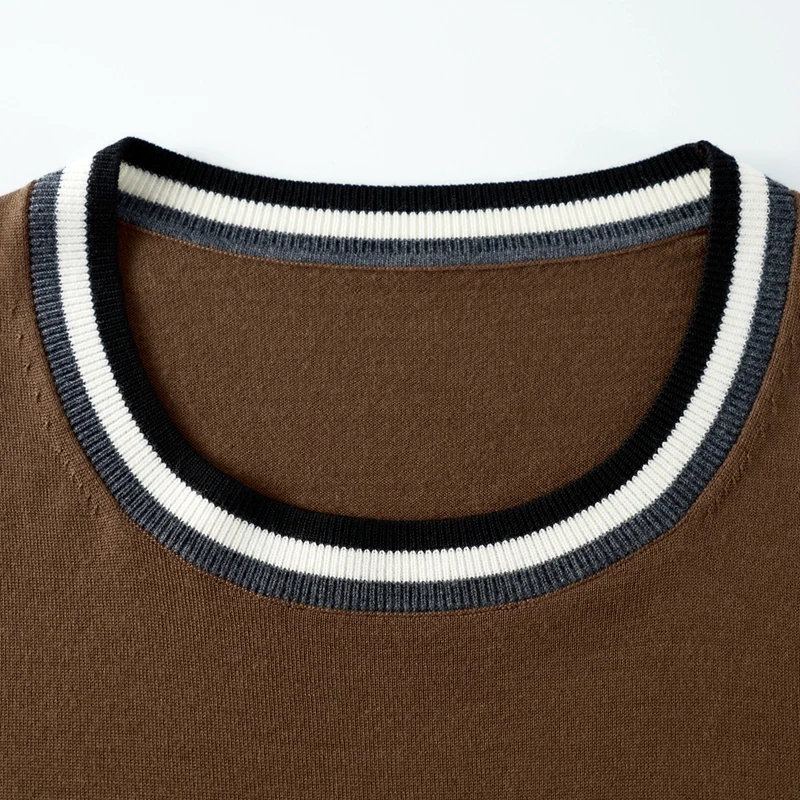100% Nerino Sweater Summer Men's O-neck Pullover Short Sleeve Loose Contrast Color Top Knitted Clothing Plus size T-shirt