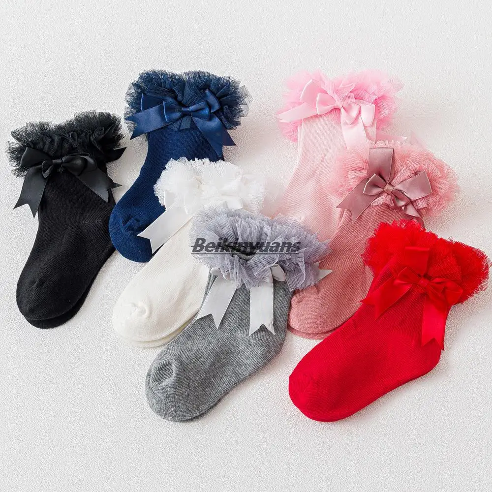 

Toddler Socks bitter Fleabane Sock Gauze Double Bow Baby Girl Sock Princess Dress Lace Stockings Socks School Performance