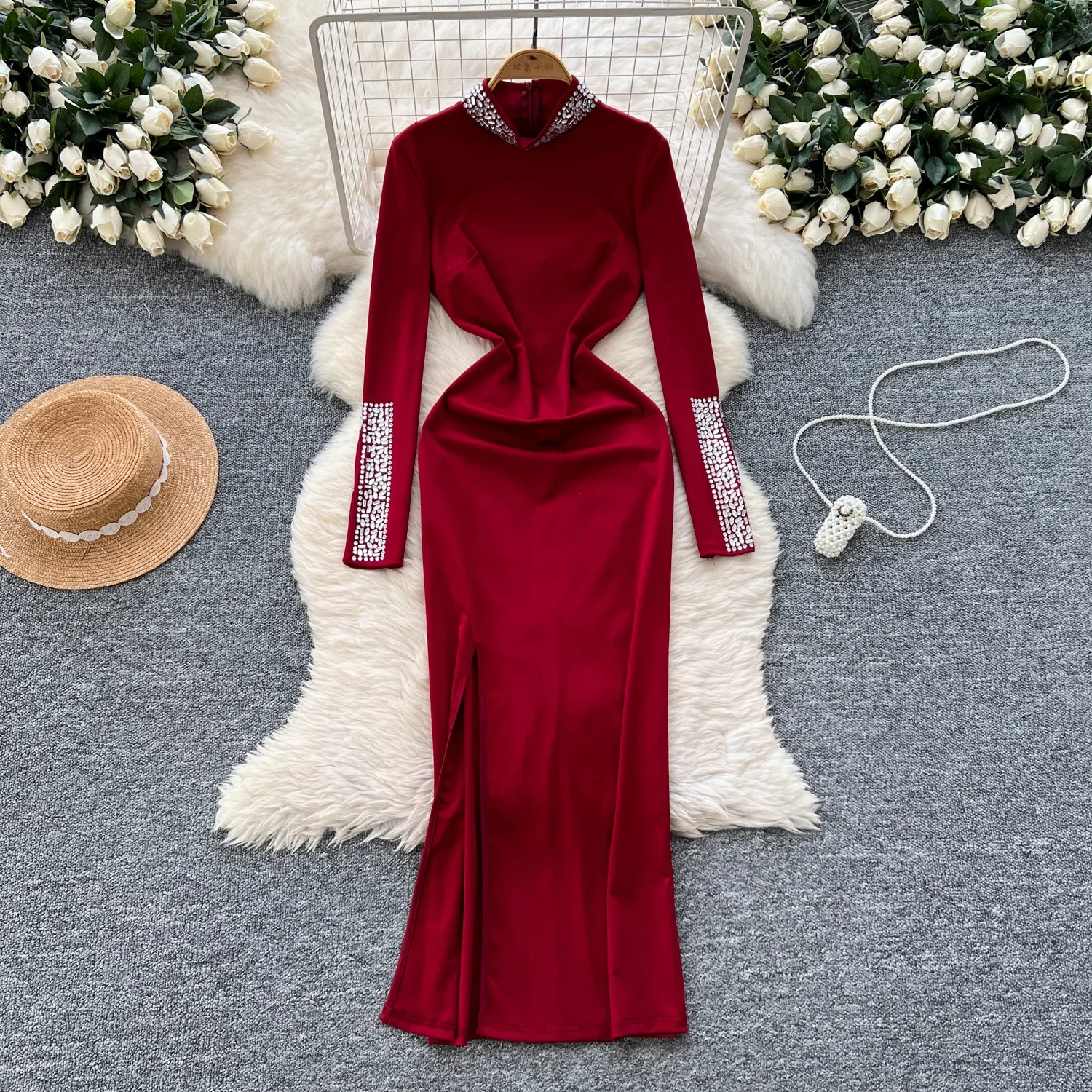 Elegant Long Sleeve Vintage Turtleneck Chic Rhinestone Slim Split Dresses French Sexy Evening High Street Autumn Winter Clothing