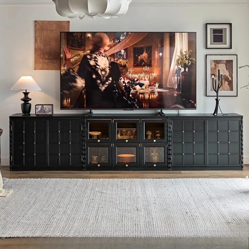 

French solid wood medium and ancient style floor-to-ceiling TV module combination display cabinet, bone line locker