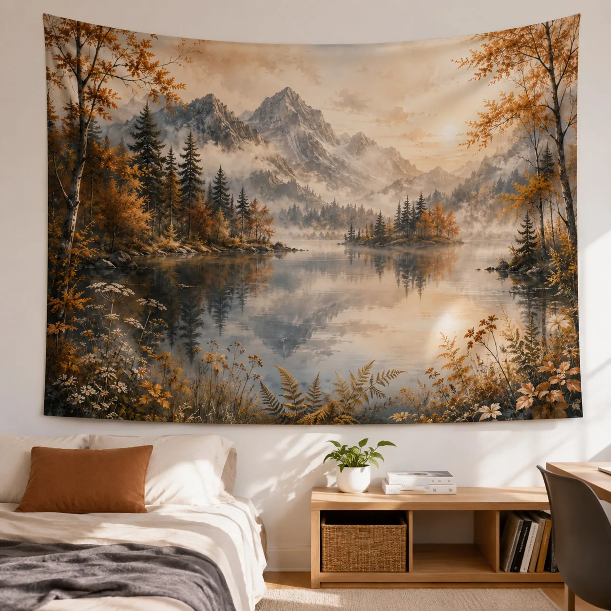 Autumn Mountain Lake Tapestry Misty Forest Landscape Wall Hanging Nature Wall Decor for Bedroom Living Room Dorm Home Decor Gift