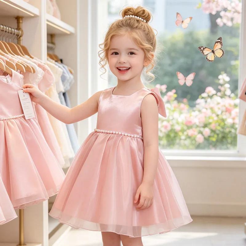 Flower Girl Dress Red Sleeveless Big Back Bow Pearl Beaded Toddler Baby First Birthday Party Formal Princess Gown