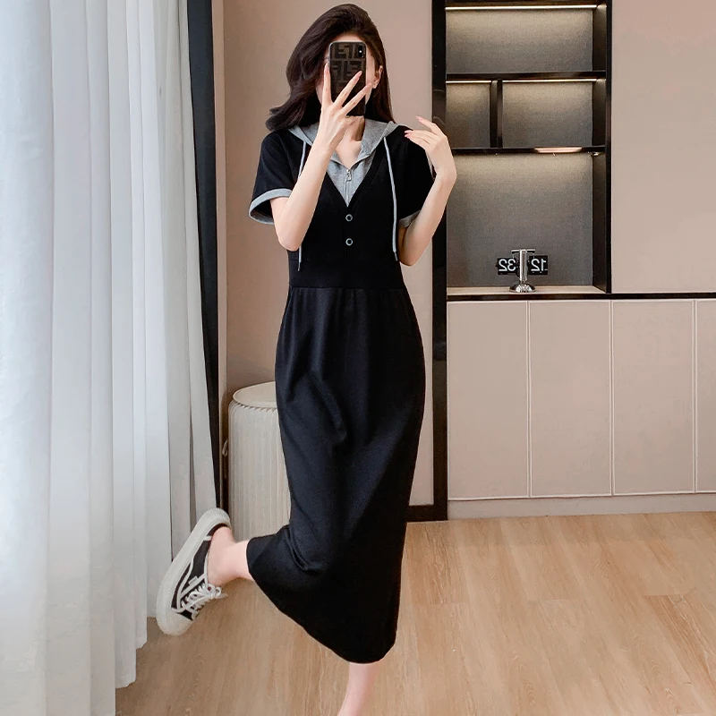 Women Cotton Long T-shirt Dresses Summer Female Hooded Short Sleeve Large Size Elegant A Line Black Fake Two Pieces Slim Vestido