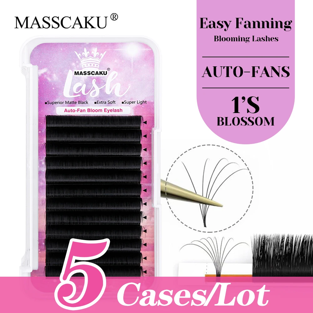 

Wholesale 5cases/lot MASSCAKU 8-17mm and Mix Size Automatic Blooming Lashes C D Curl Fluffy Easy Fanning Eyelashes Easy to Grip