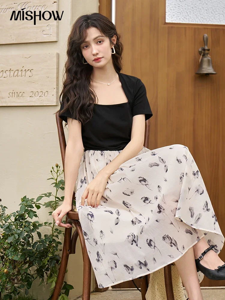 MISHOW French Fake Two-piece Floral Dress  Summer Solid Top Patchwork Floral Skirt Puff Sleeve Waist A-line Dress MXC36L1347