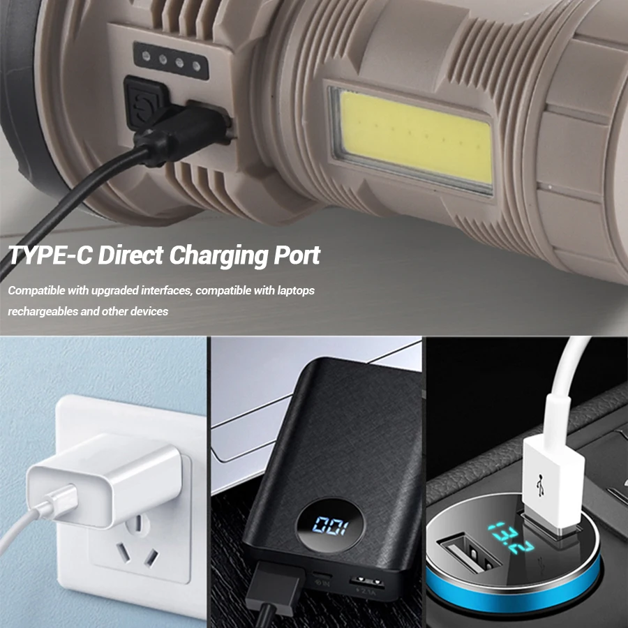 Powerful Multifunctional LED COB Flashlight Type-C Rechargeable with Power Display Outdoor Portable Camping Emergency Torch