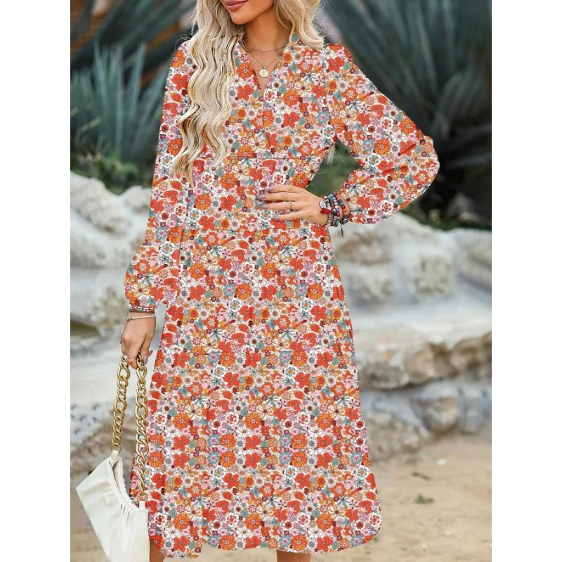 

Женское модное платье размера плюс 1XL-5XL с цветочным принтом в богемном стиле, удобное универсальное платье с v-образным вырезом и расклешенными рукавами