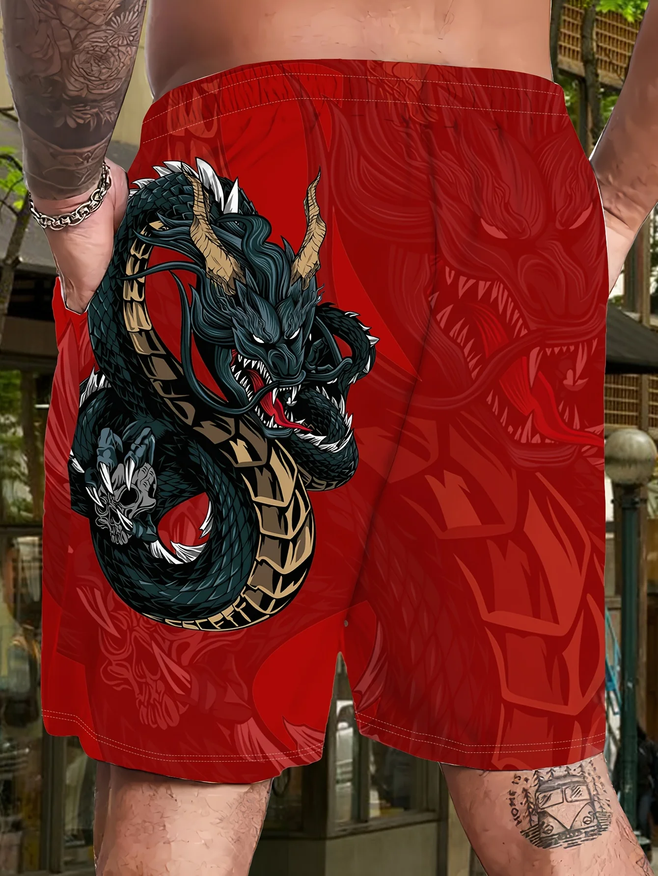 

Mens Oriental Dragon Red Base Print Quick Dry Board Shorts Elastic Drawstring Swim Trunks Summer Beach Casual Outfit