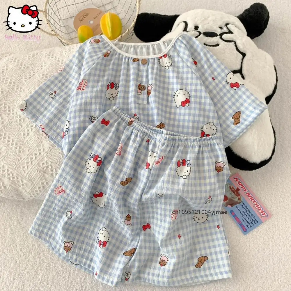 

2Pcs Sanrio Summer Pajama Set Hello Kitty Anime Kawaii Homewear for Women Short Sleeve Tops Cute Shorts Sweet Sleepclothes Set