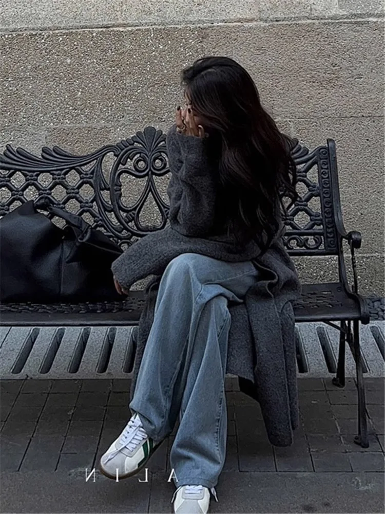 ヴィンテージニットカーディガン女性秋冬厚みのあるグレーエレガントな特大ロングコートスリムフィットルーズフィット居心地の良いセーターニットウェア