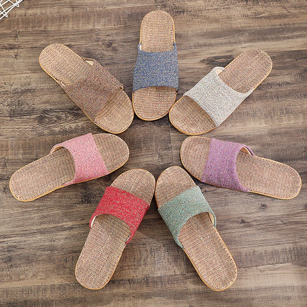 Summer Flax Slippers Women Men Casual Linen Slides Multi-Style Non-Slip EVA Home Flip Flops Indoor Beach Shoes Female Sandals