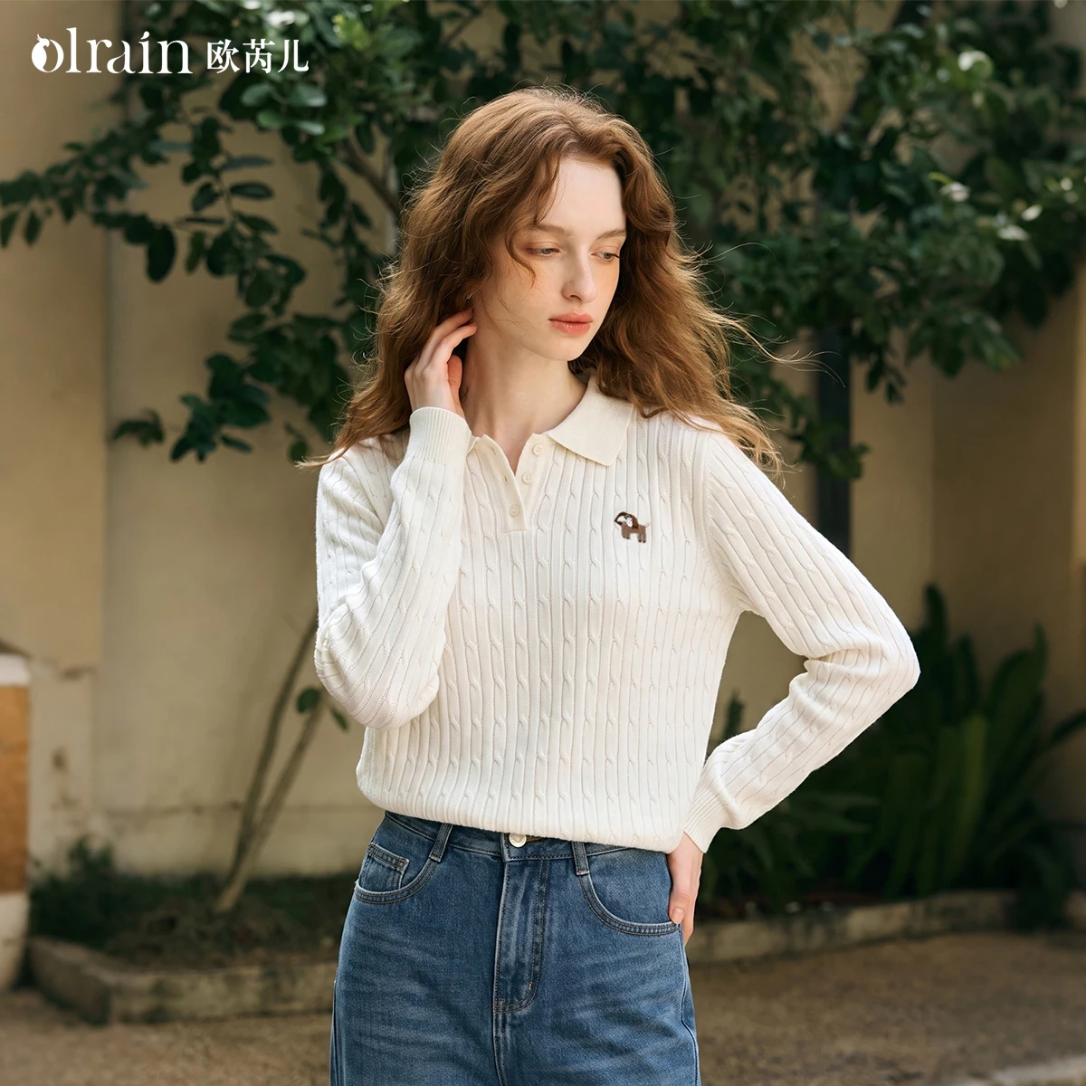 OLrain sweater knitted sweater 2026 autumn new white POLO collar contrasting color animal embroidery twisted texture O58QZ010005