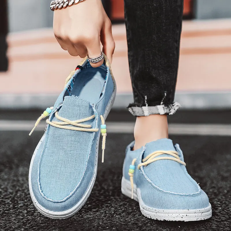 Primavera Verano azul zapatos náuticos casuales para hombres zapatos de conducción ligeros sin cordones zapatos de lona transpirables de corte bajo para hombres mocasines