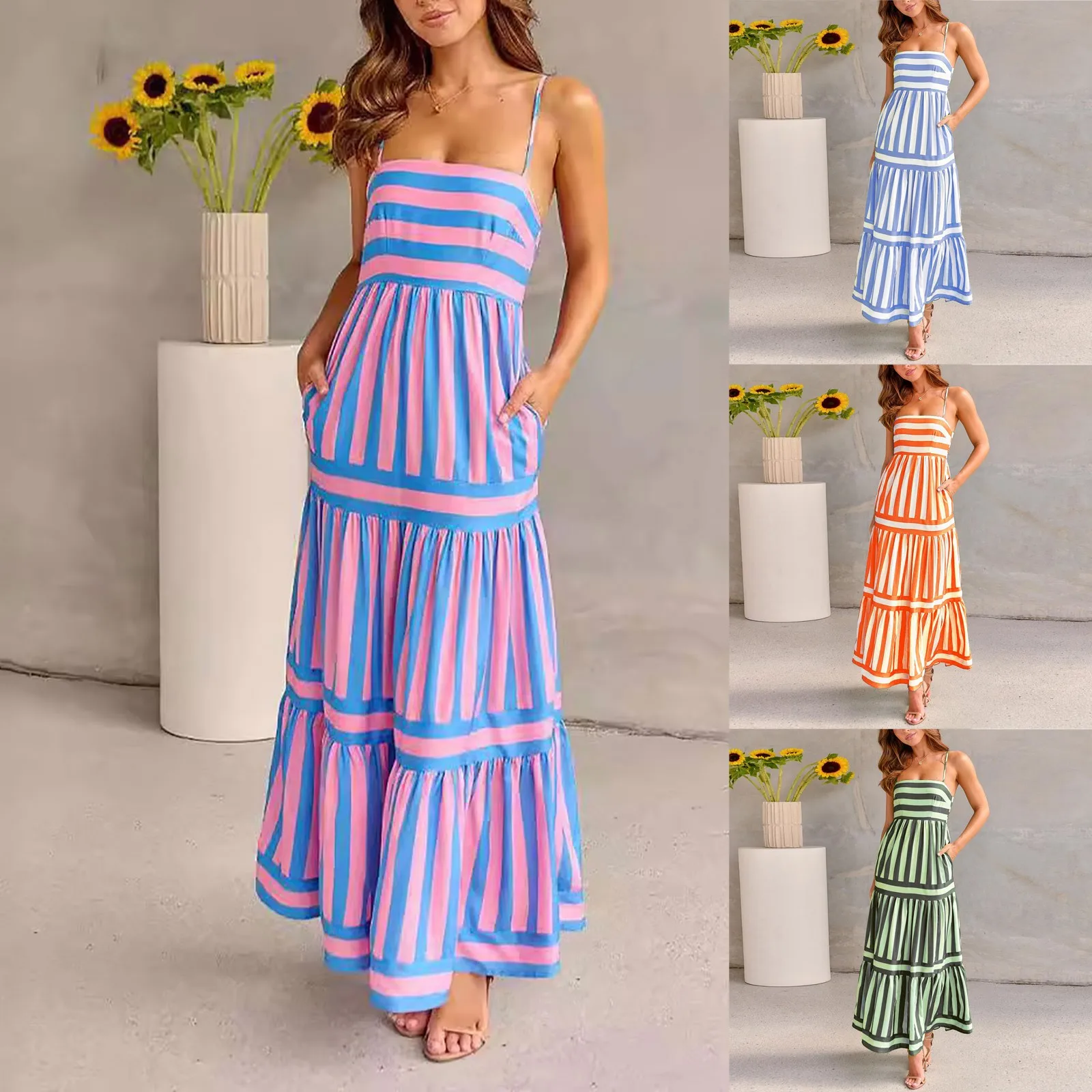 Moda donna Boho colorato Spaghetti Strap Dress Summer Vacation Beach Long Sundress Striped Flowy Cami Maxi Dress Vestidos