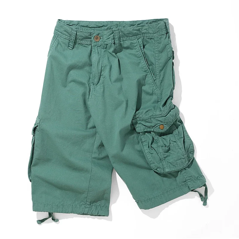 LIBIELIY Summer Cargo Shorts Men Cotton Solid Multi Pockets Straight Safari Style Casual Shorts Male Sports Jogging Knee Length