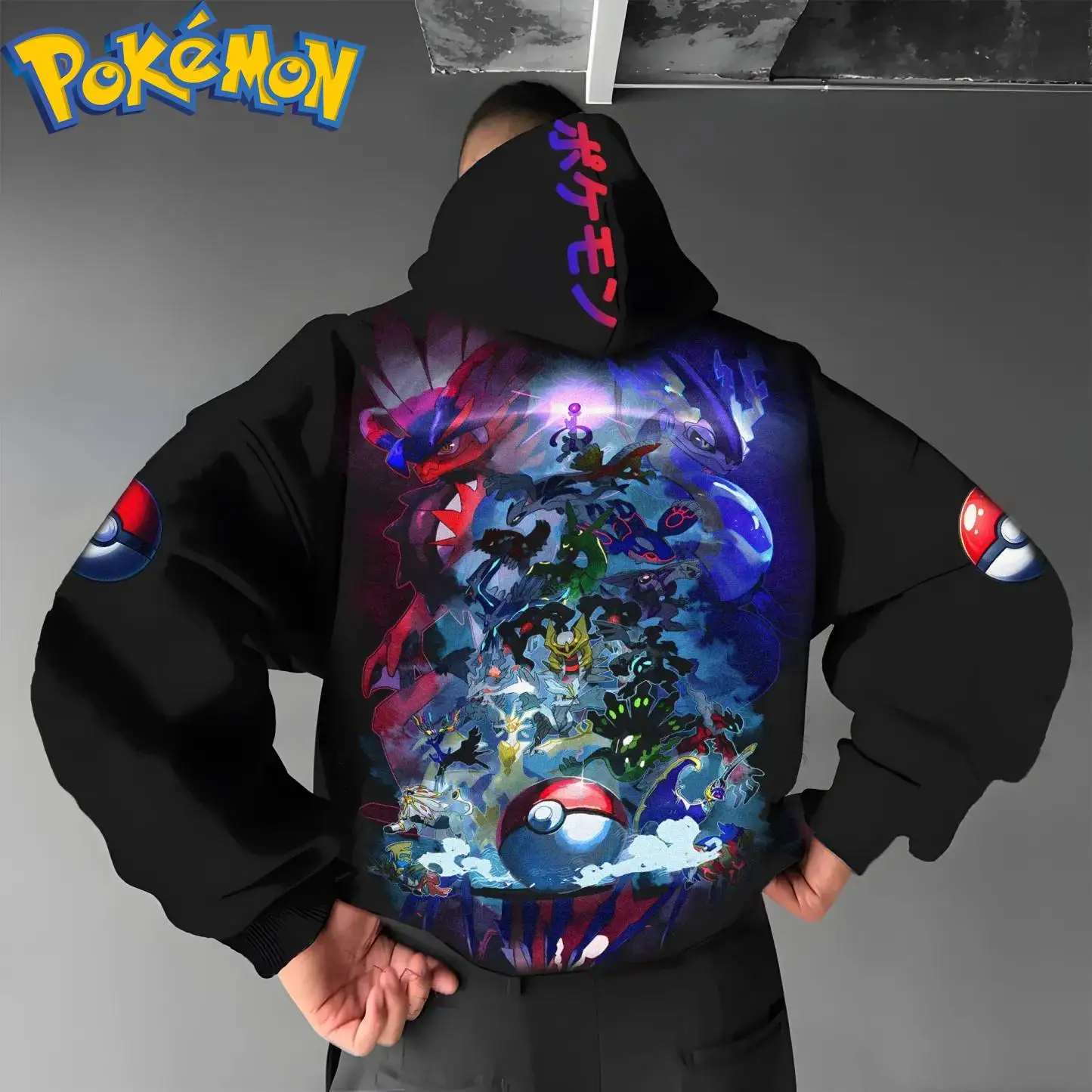 Pokemon Anime Character Cotton Hoodie Harem Pants Set Black Multi Color Back Print with Cloud Effects Two Piece Outfit Casual