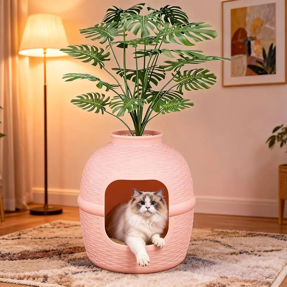 

Hidden Litter Box with Auxiliary Plant, Heavy Duty Enclosure Furniture for Living Room, Bedroom, Pink