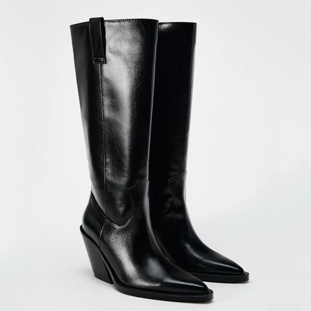 

FWRD Women's Black Leather Western-Style Knee Boots, Pointed Toe Wedge Heel, Soft Inner & Trendy for Fall Winter #FWRD000371