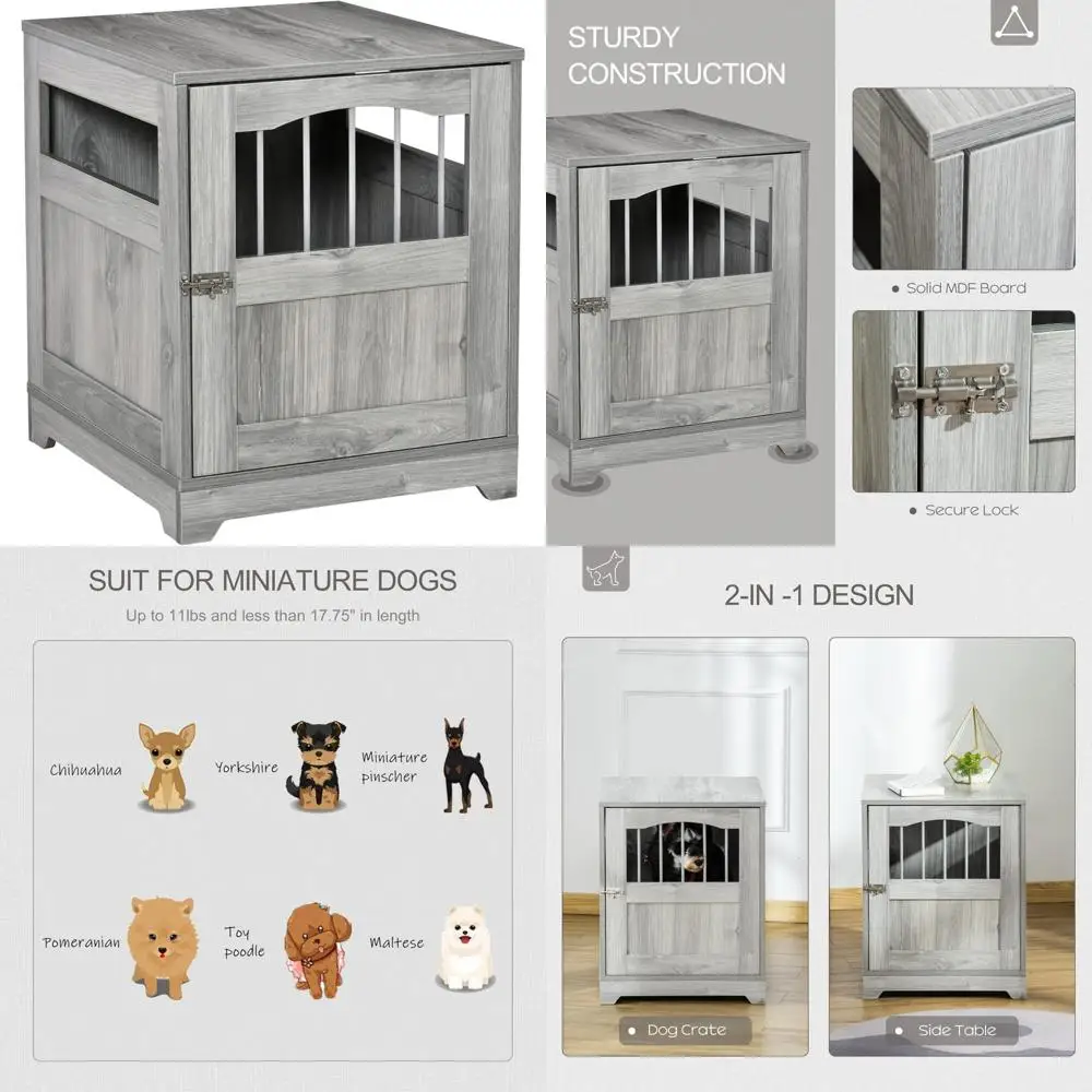 

Wooden Dog Crate with Lockable Door, Medium-Size Indoor Puppy Cage, Grey, Suitable for Small to Medium Dogs, Pet Kennel End Tabl