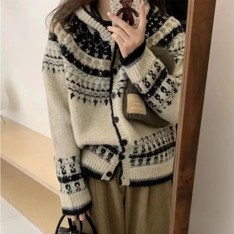 Harajuku Retro Sweater Jacquard Hooded Sweater Jacket Autumn Winter Single Breasted Design Thick Lazy Style Knitted Cardigan