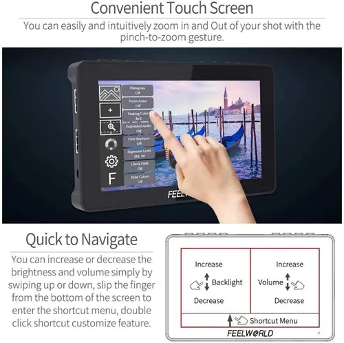 Imagen 2 del producto FEELWORLD F5 PRO V4 Monitor de campo de cámara F5 PRO V4, pantalla táctil de 6 pulgadas, 3D, LUT DSLR, Kit de alimentación externa F970, salida de entrada HDMI 4K