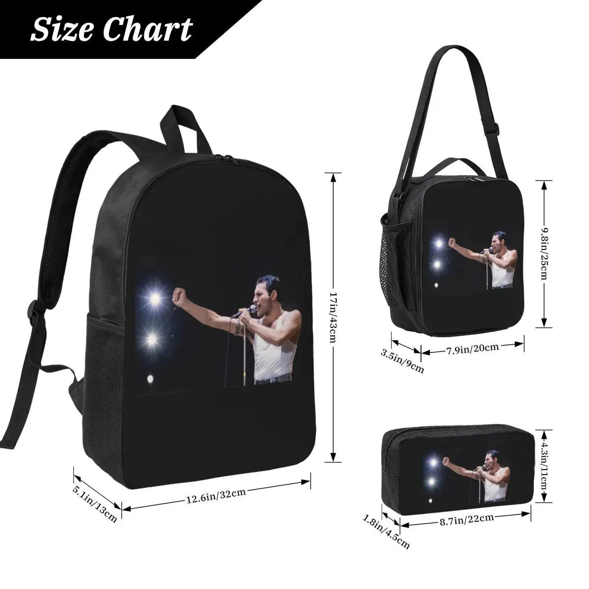 Queen Freddie Mercury Backpack Student Boys Girls BookBag School Bag Computer Shoulder Bags 3ps Insulated Lunch Bag Pencil Case