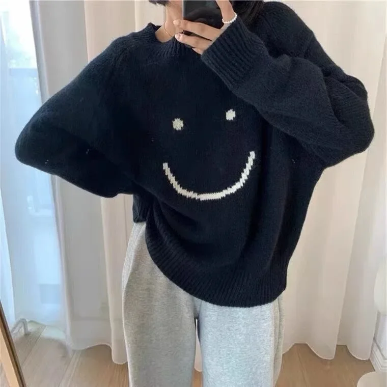 Smiley Knitted Sweater Women Kawaii Harajuku Pullover Autumn Winter Long Sleeve Casual White Jumper Korean Vintage Oversized