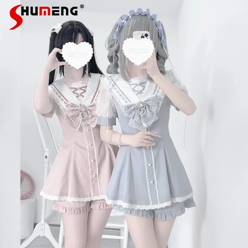 

Japanese Lolita Pearl Sweetheart Mine Series Mass Production Series Black Lattice Summer Y2k Top Dress And Shorts Two Pieces Set