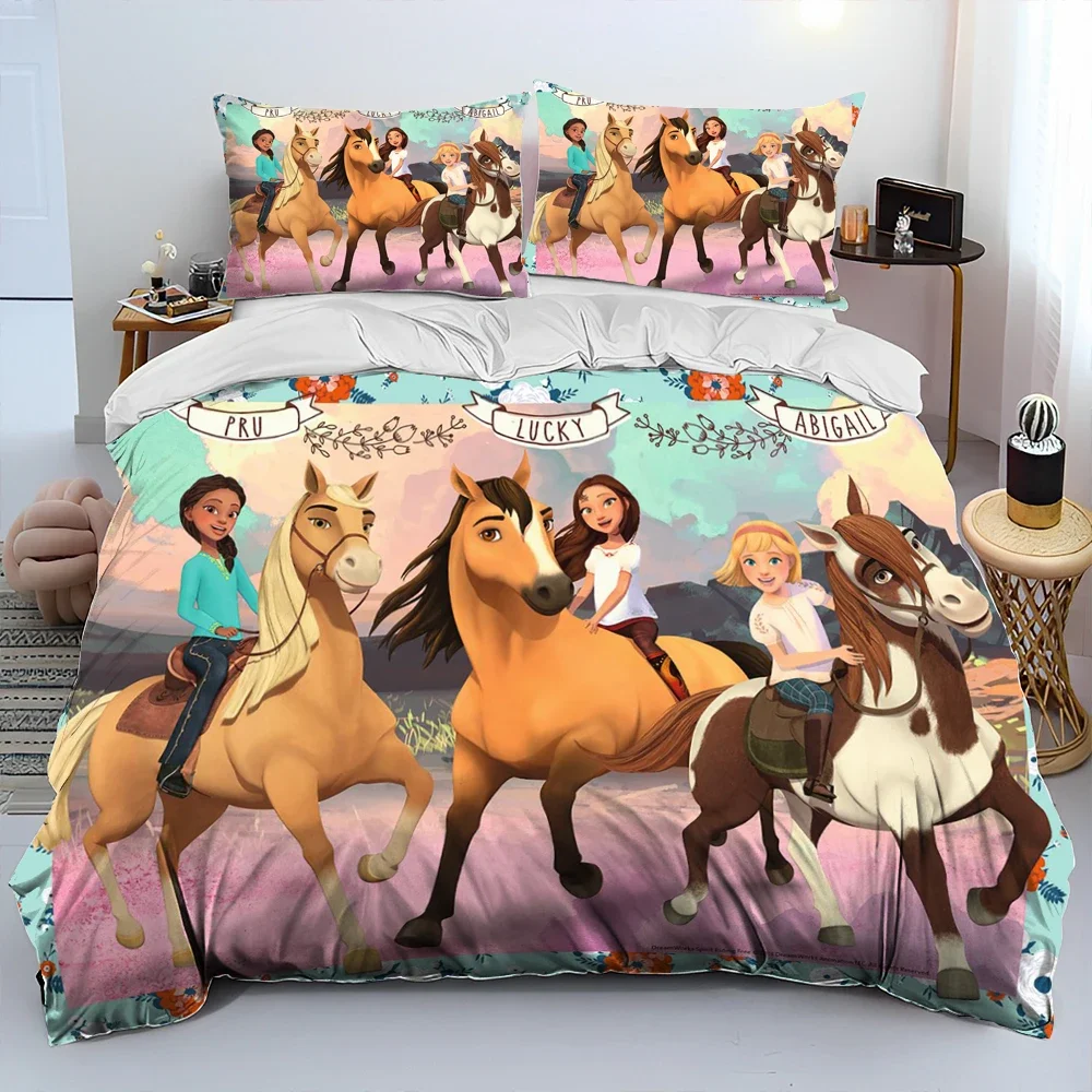 Spirit Riding Free Horses Cartoon Comforter Bedding Set,Duvet Cover Bed Set Quilt Cover Pillowcase,King Queen Size Bedding Set