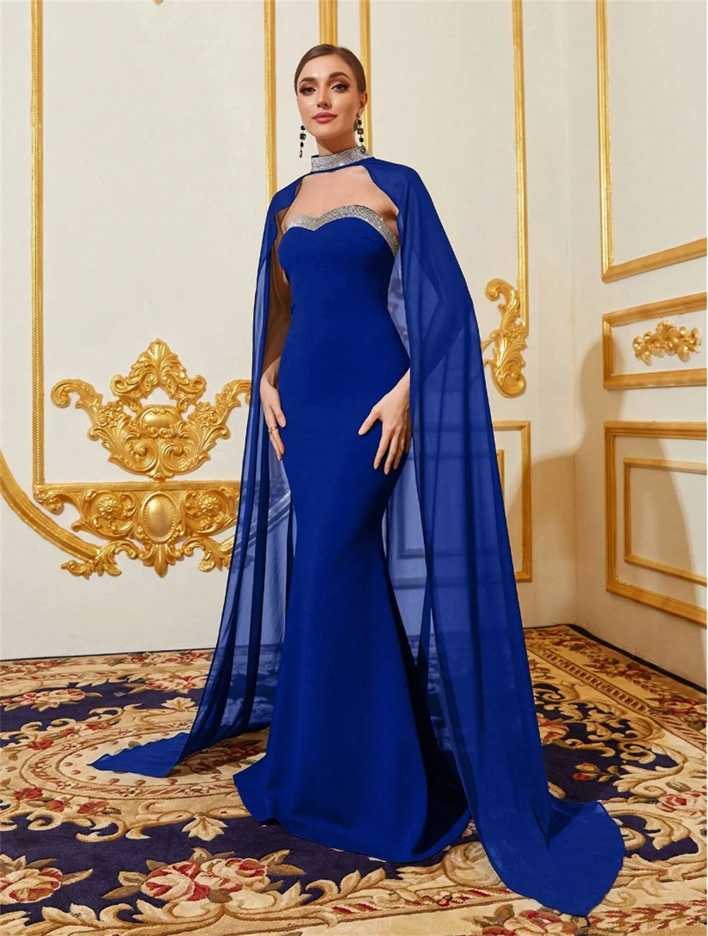 Annie-Robe de Soirée Élégante en Mousseline de Soie pour Femme, Tenue de Bal de Luxe Bleue, à Paillettes, Cape, Formelle, pour Mariage