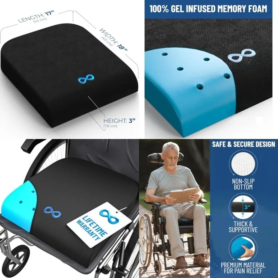 

Wheelchair Cushions for Pressure Relief - Gel Memory Foam Wheel Chair Seat Cushion Pad for Seniors and Adults & Pain Relief - Soft Non-Slip Cover - Office Accessories