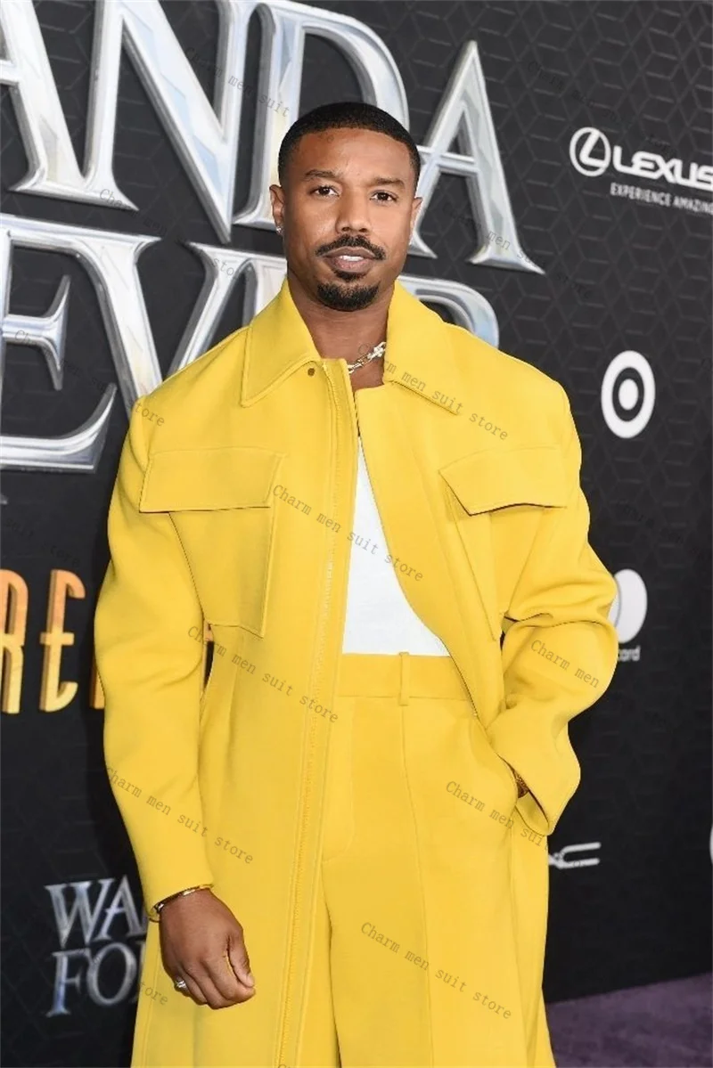 Yellow Long Men Suits Set 2 Pcs Blazer+Pants Trousers Wedding Tuxedos Cotton Formal Office Customized Guest Prom Jacket Coat