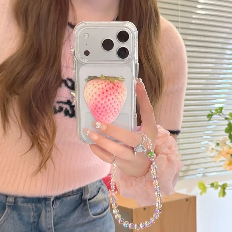 

Clear Pink Strawberry Cute Phone Case For iPhone 17 16 Pro 15 14 Pro Max Cover with Chain Fashion Acrylic Hard Protective Cases