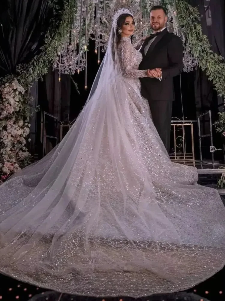 Flavinke Customized Princess Wedding Dresses Dubai Arabic Long Sequined Sleeves High Neck Bridal Gowns Tulle Vestido De Novia