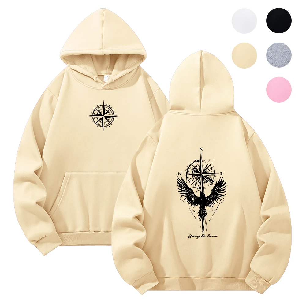 Y2K Vintage Hoodie Unisex Pocket Long Sleeve Casual Loose Tops Streetwear Pullover Hooded Sweatshir Compass Raven Eagle Print