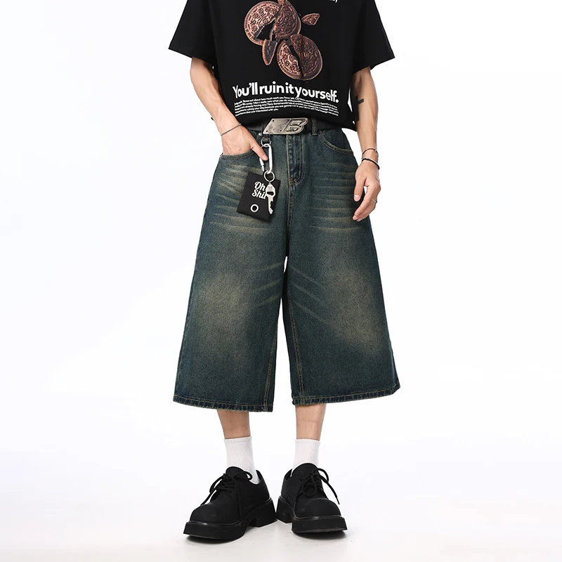 

American Vintage Men's Baggy Short Jeans Calf-Length Oversize Streetwear Y2K Wide-leg Loose Fashion Male Denim Shorts